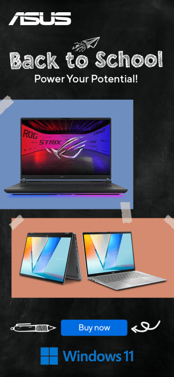 A top-down image of ASUS computer accessories and gaming components arrayed on the floor of a classroom. Next to them is a college pennant with the word ASUS printed on it.