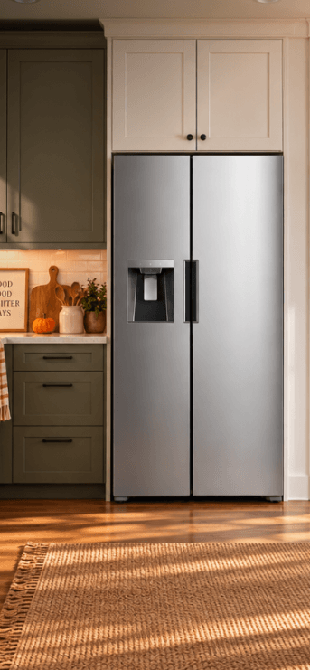 Stainless steel refrigerator surrounded by built in kitchen cabinets