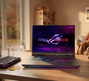 Asus Rog Strix gaming laptop set on a wooden countertop