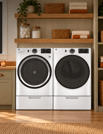 Maytag laundry pair set between two cabinets