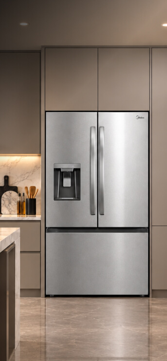 Stainless steel refrigerator surrounded by built in kitchen cabinets