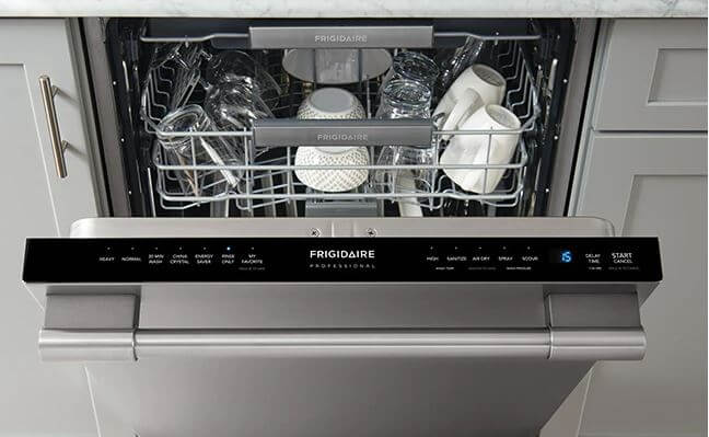 Frigidaire Professional Dishwashers for slick slider section shows full dishwasher half-open