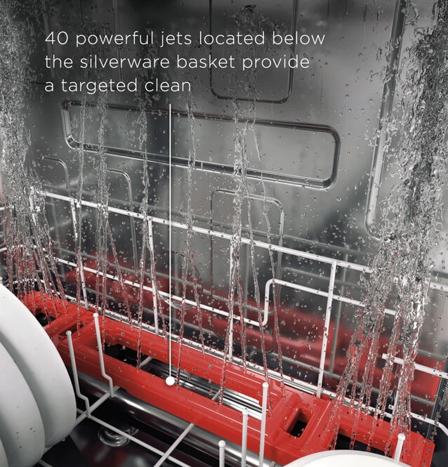 40 powerful jets located below the silverware basket provide a targeted clean