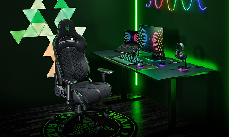Razer Iskur Gaming Chair with Green Lights and desk with Computer