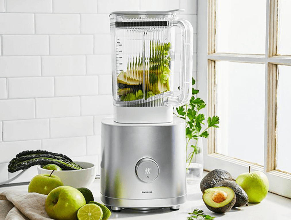 ZWilling Enfinigy Power Blender - Silver on Counter with Fruit