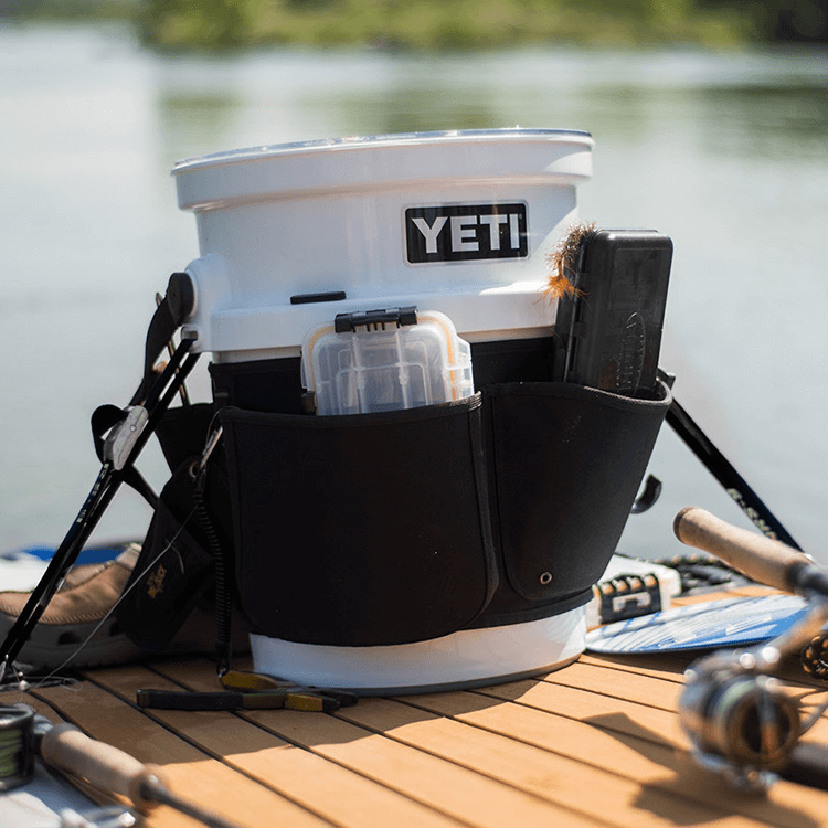 Yeti bucket filled with fishing gear