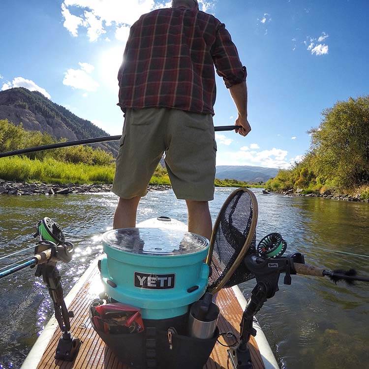Yeti bucket filled with fishing gear